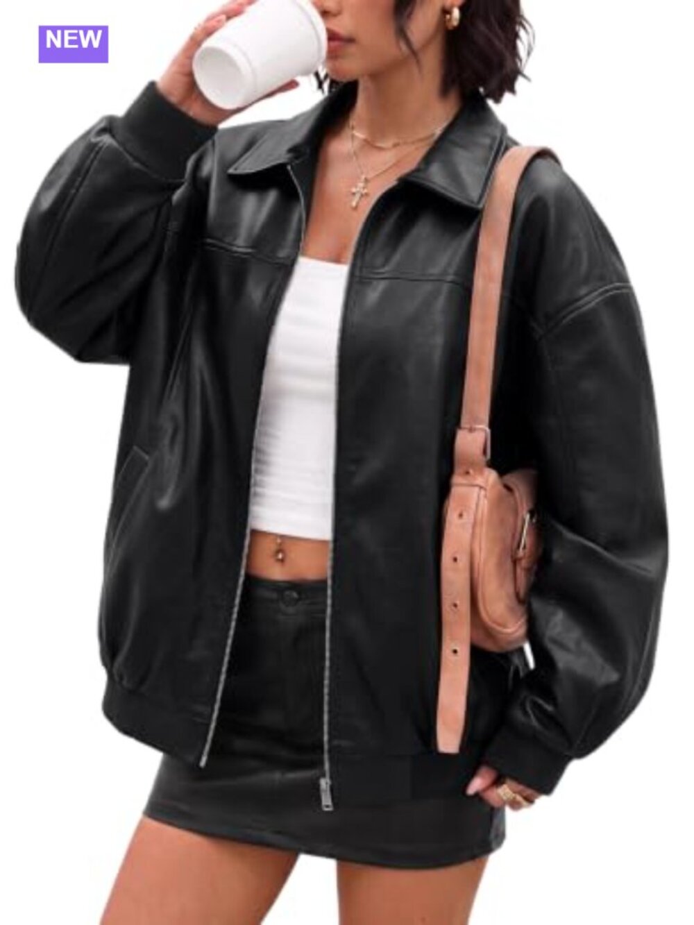Faux Leather Oversized Zip Up Bomber Jacket Womens Fall Winter Coat